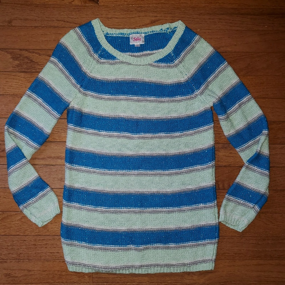Justice sz 12 Pullover Long Slv Striped Cotton Sweater Round Neck Raglan Sparkle